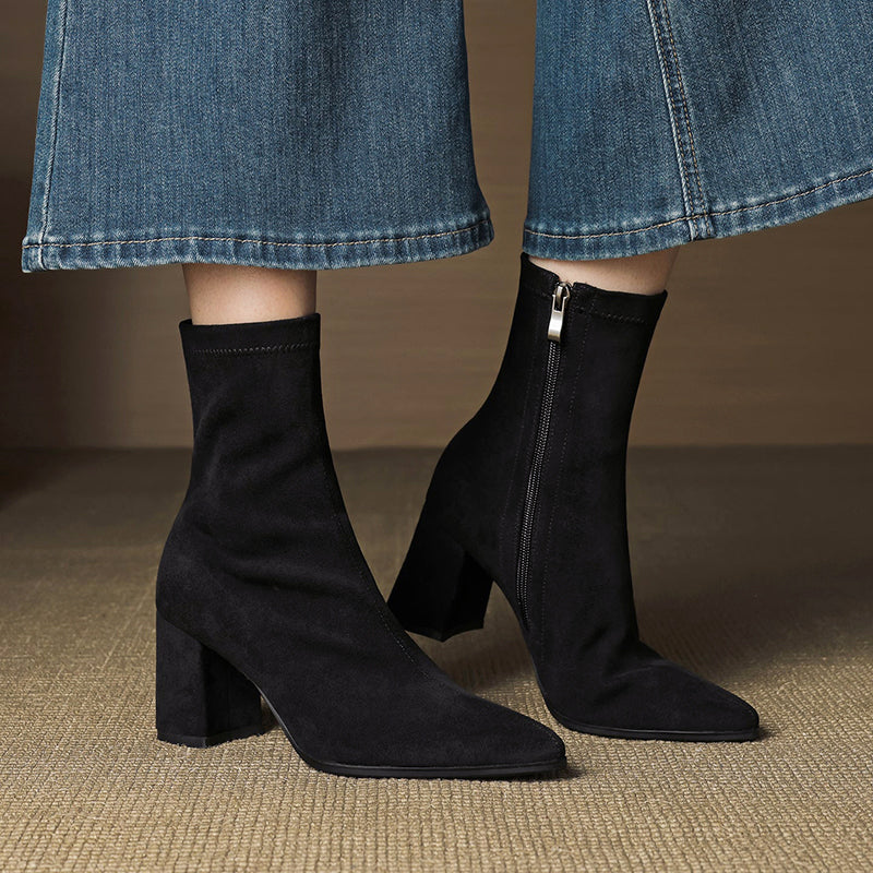 Annika - Women's Suede Pointed-Toe Block Heel Ankle Boots