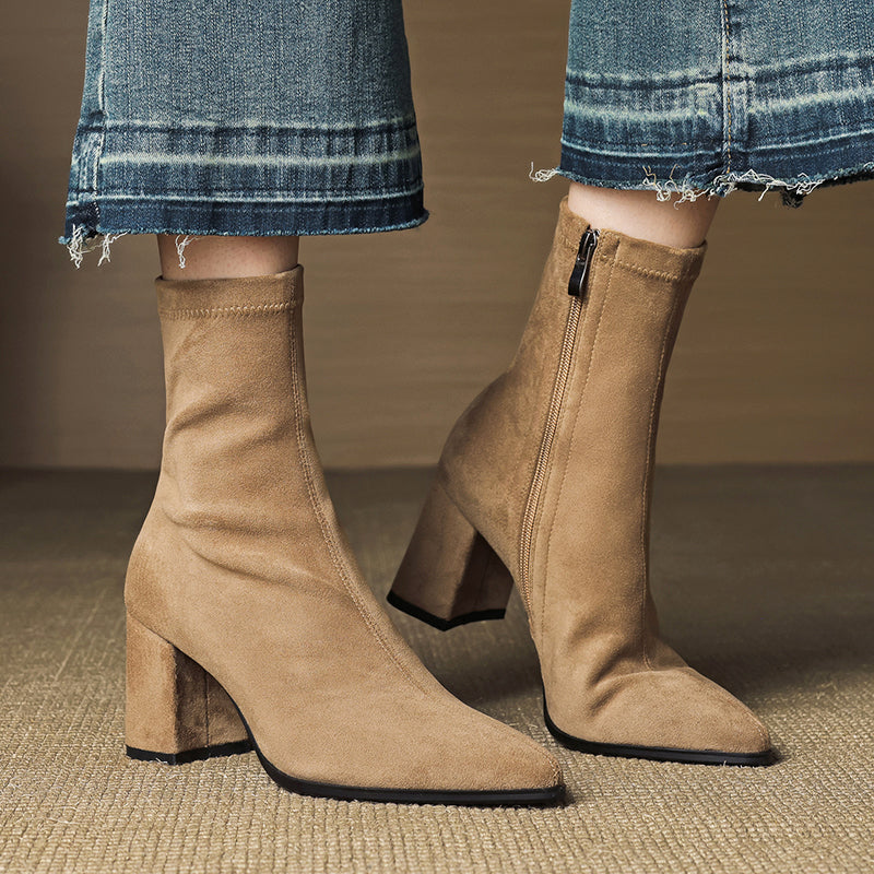 Annika - Women's Suede Pointed-Toe Block Heel Ankle Boots