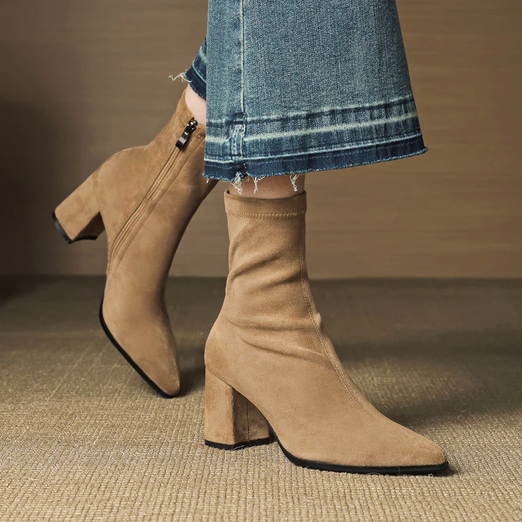 Annika - Women's Suede Pointed-Toe Block Heel Ankle Boots