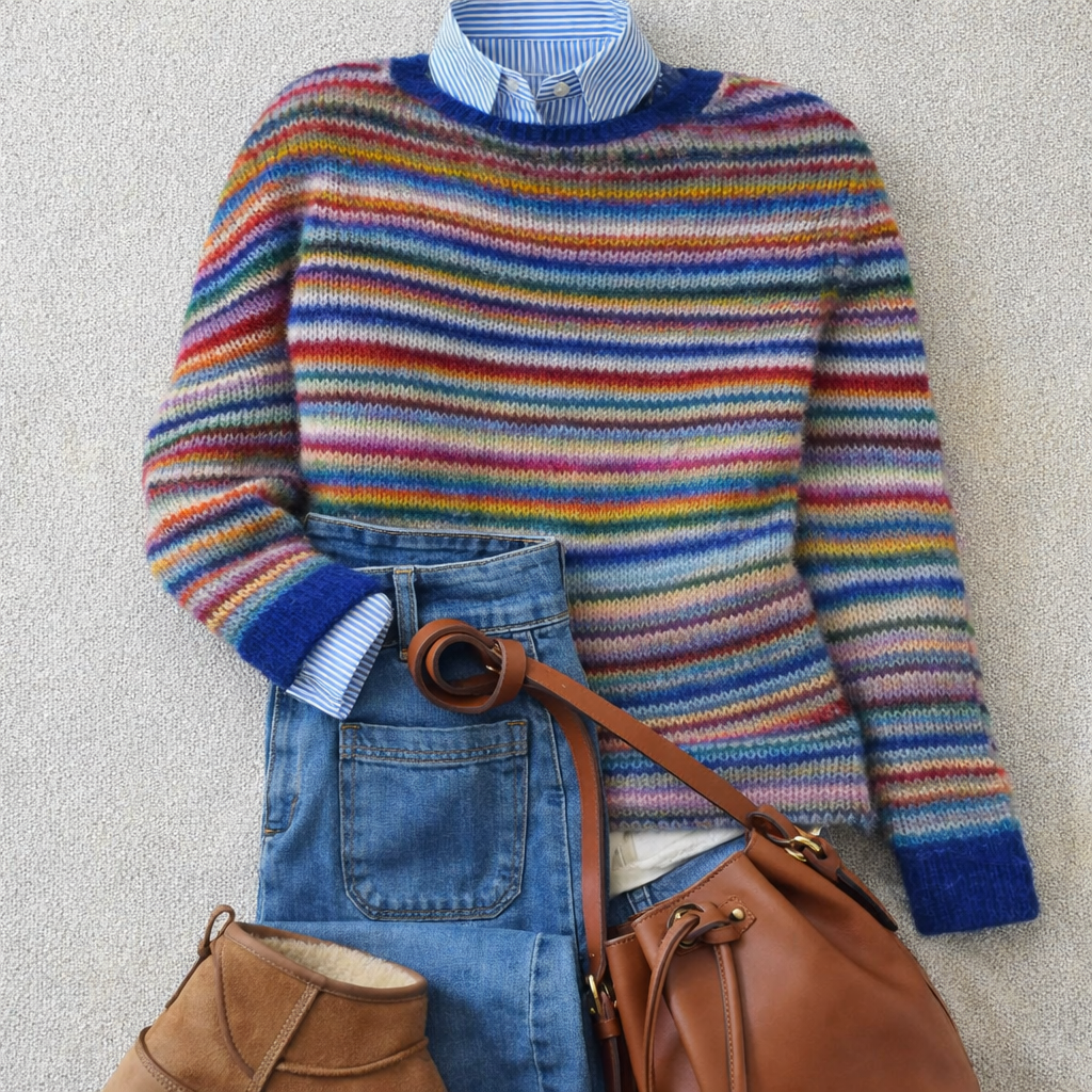 Ariana - Women's Rainbow Striped Crew Neck Knit Sweater