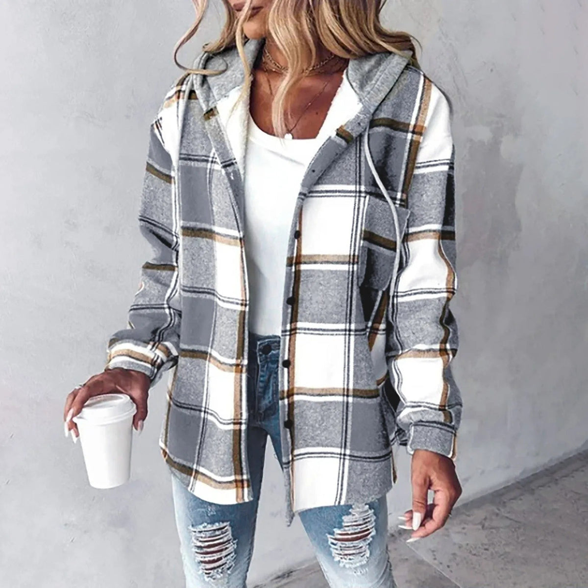 Ariella - Women's Plaid Button-Front Shacket with Rolled Cuffs