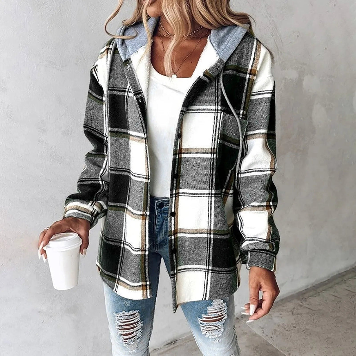 Ariella - Women's Plaid Button-Front Shacket with Rolled Cuffs
