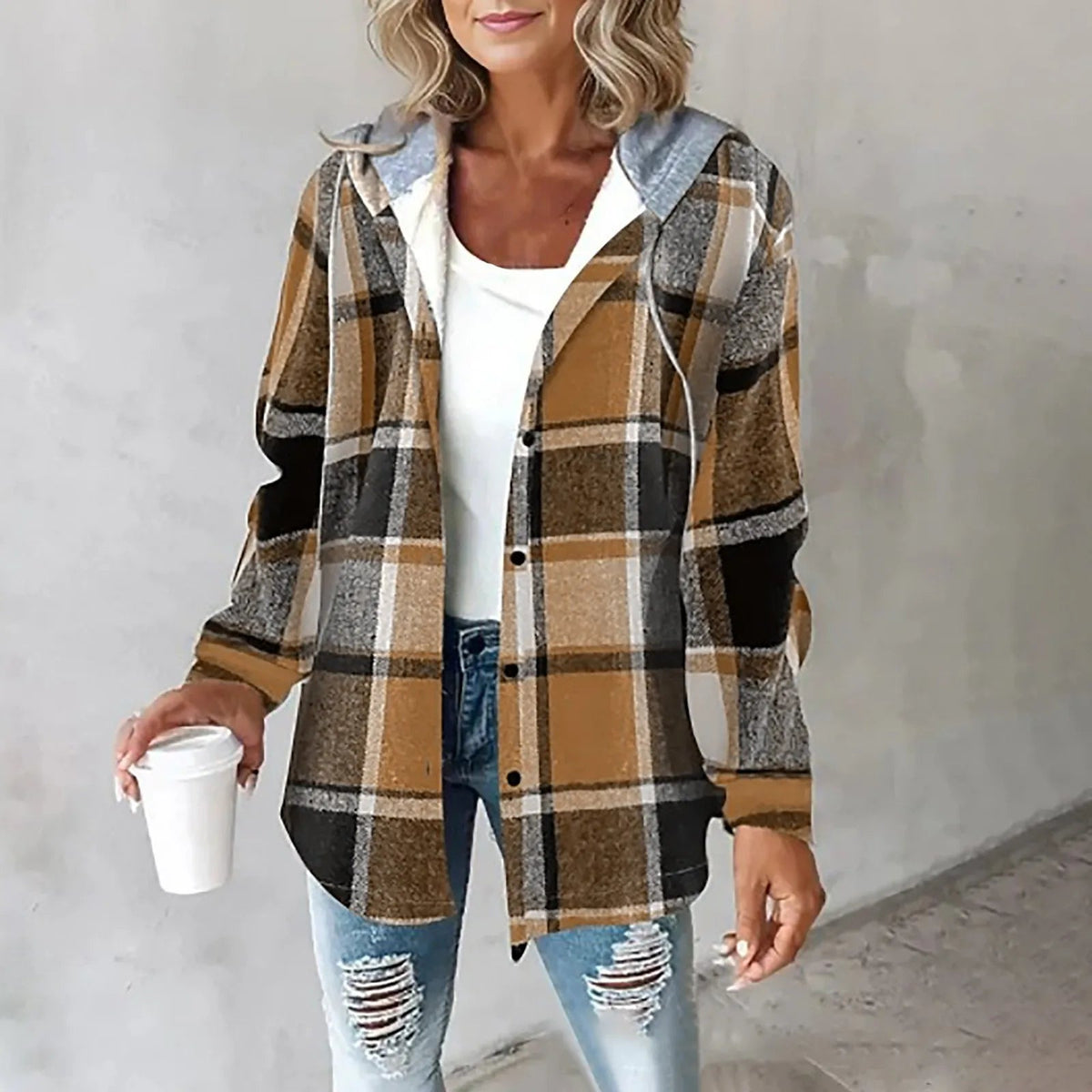 Ariella - Women's Plaid Button-Front Shacket with Rolled Cuffs