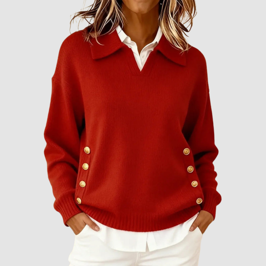 Arielle - Women's Collared Knit Sweater with Side Button Details
