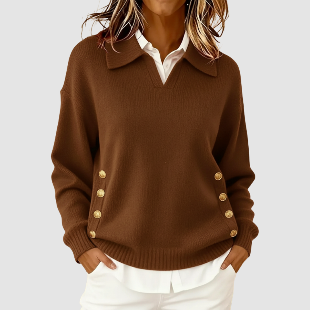 Arielle - Women's Collared Knit Sweater with Side Button Details
