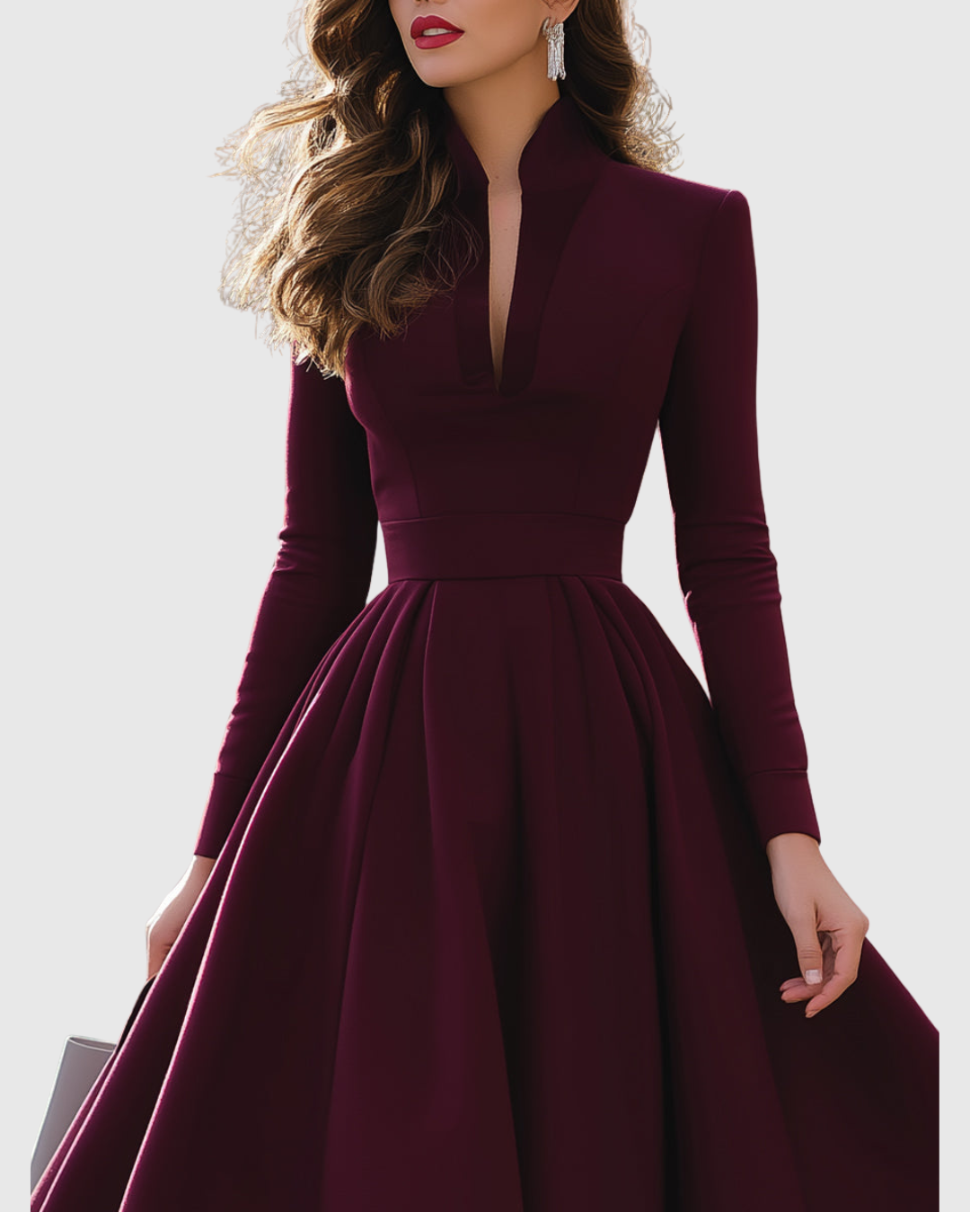 Aubree - Women's Long-Sleeve Pleated Fit-and-Flare Midi Dress
