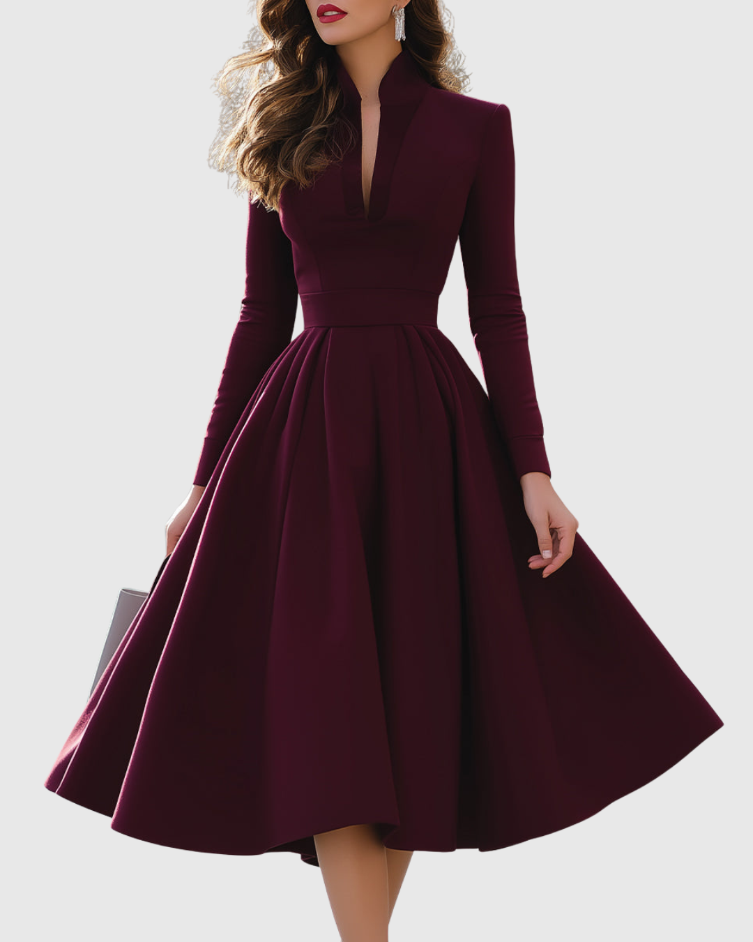 Aubree - Women's Long-Sleeve Pleated Fit-and-Flare Midi Dress