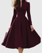 Aubree - Women's Long-Sleeve Pleated Fit-and-Flare Midi Dress