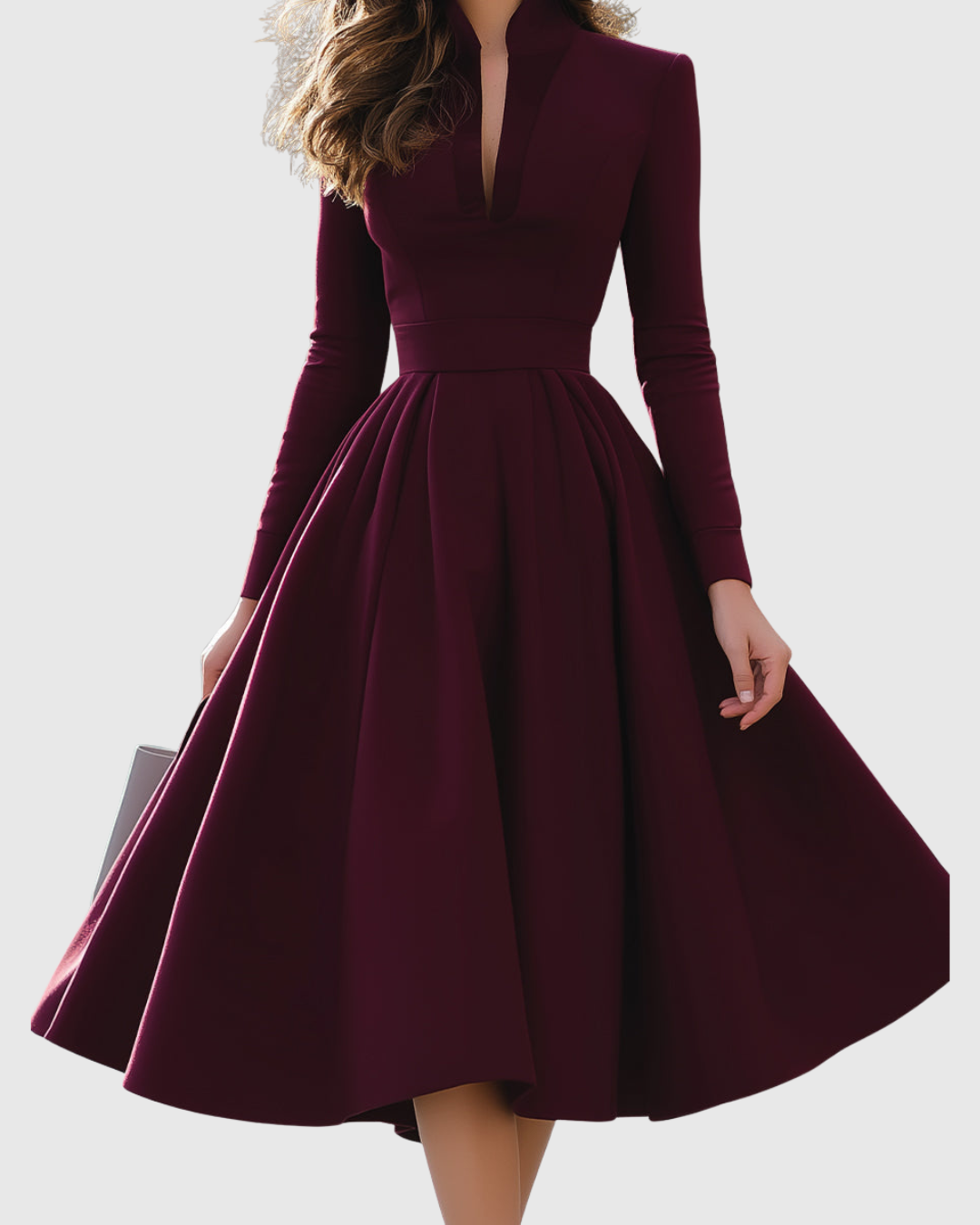 Aubree - Women's Long-Sleeve Pleated Fit-and-Flare Midi Dress