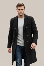Bastian - Men's Double-Breasted Long Coat with Notch Lapels