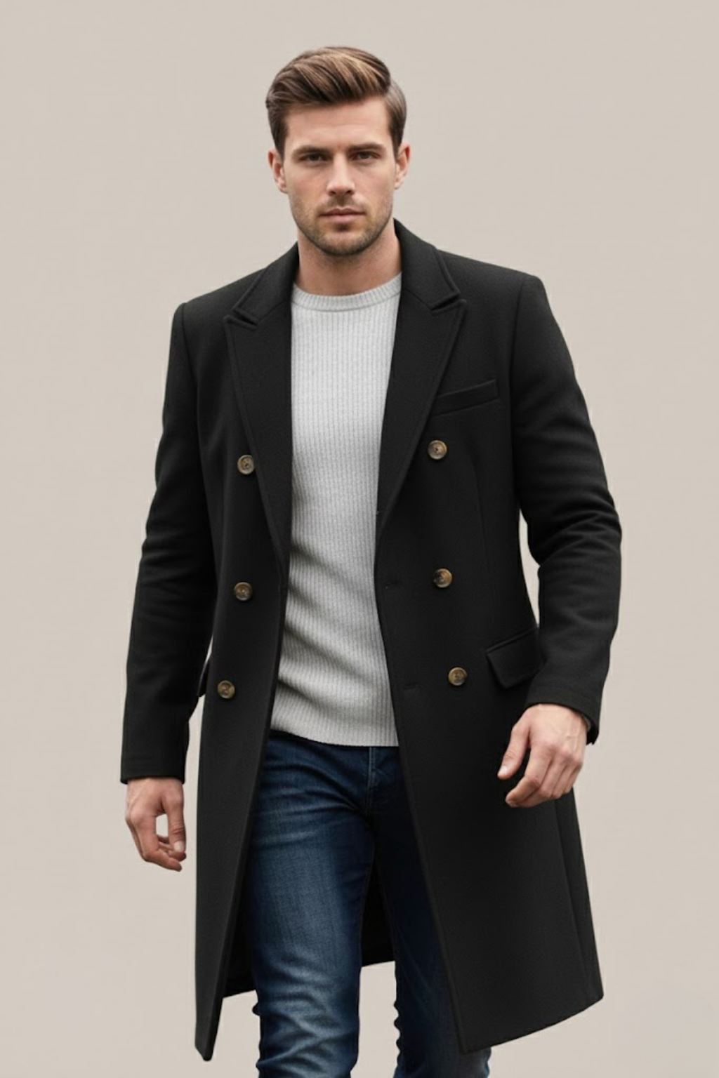 Bastian - Men's Double-Breasted Long Coat with Notch Lapels