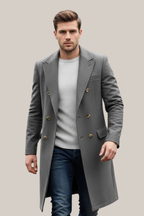 Bastian - Men's Double-Breasted Long Coat with Notch Lapels