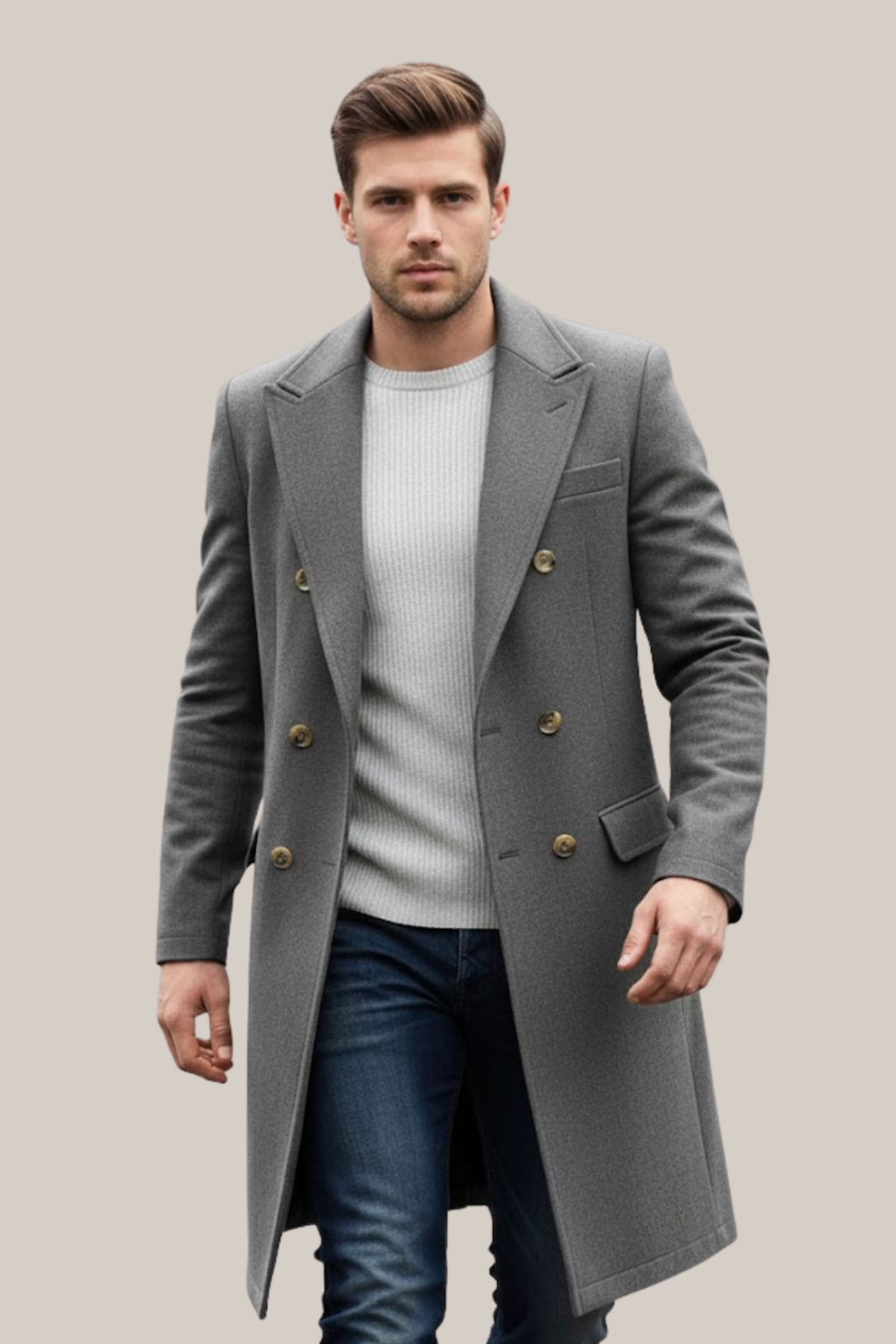 Bastian - Men's Double-Breasted Long Coat with Notch Lapels