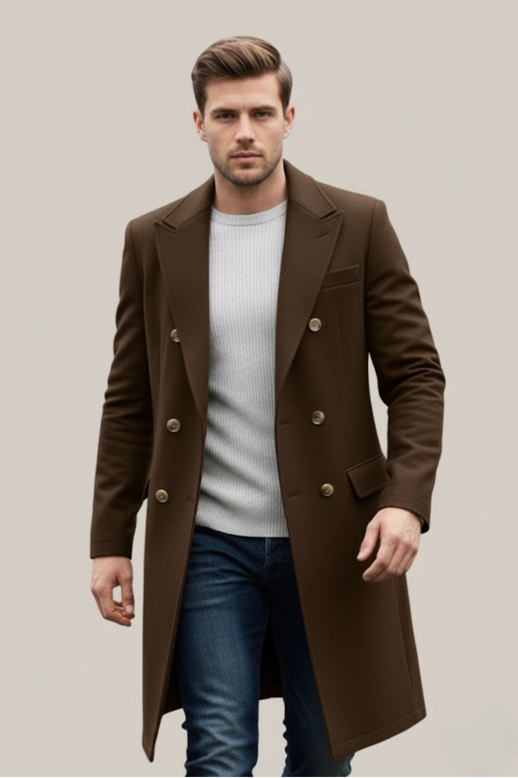 Bastian - Men's Double-Breasted Long Coat with Notch Lapels