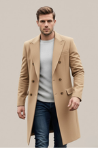 Bastian - Men's Double-Breasted Long Coat with Notch Lapels