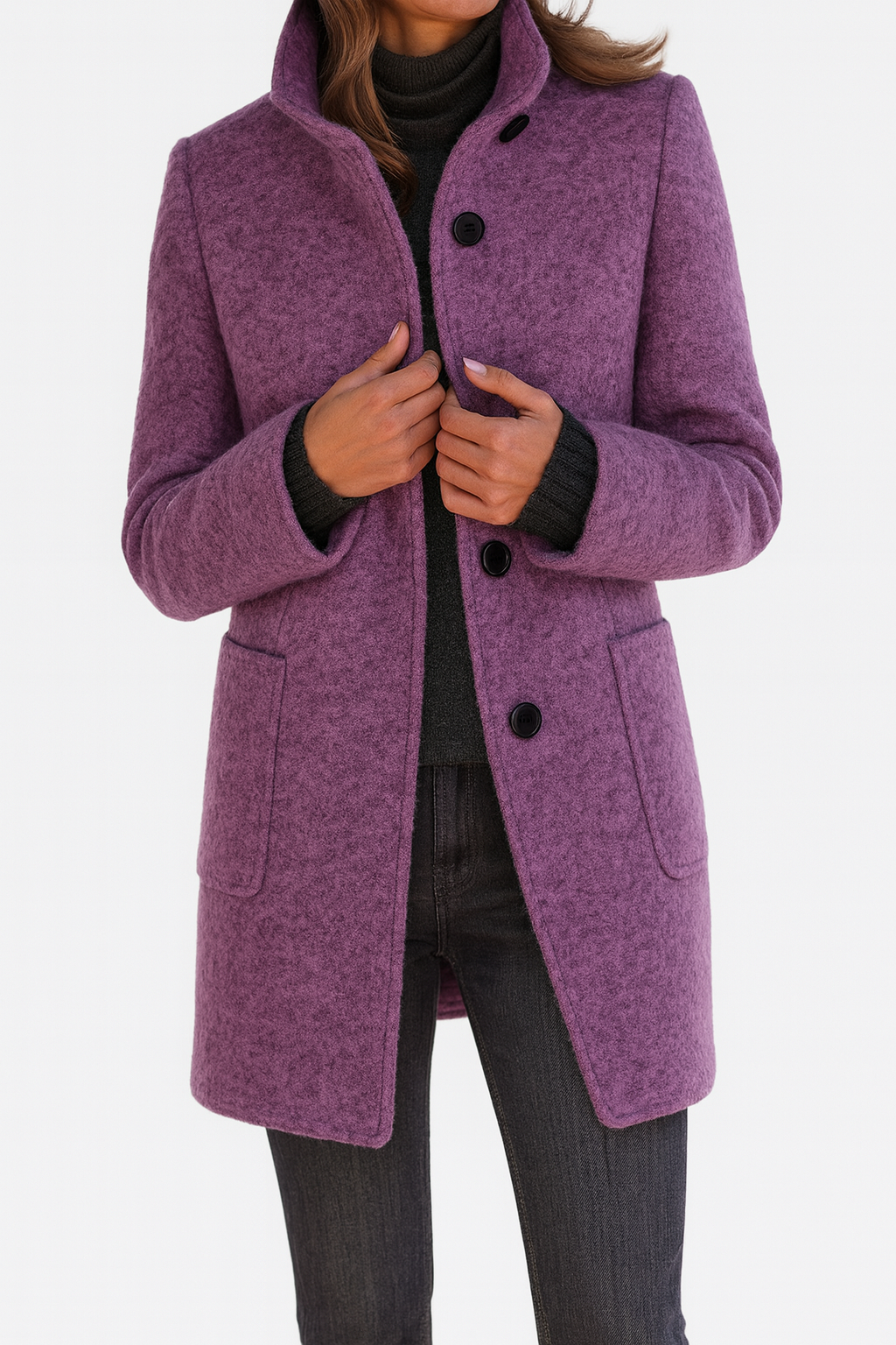 Beatrice - Women's Stand-Collar Wool Coat with Button Front