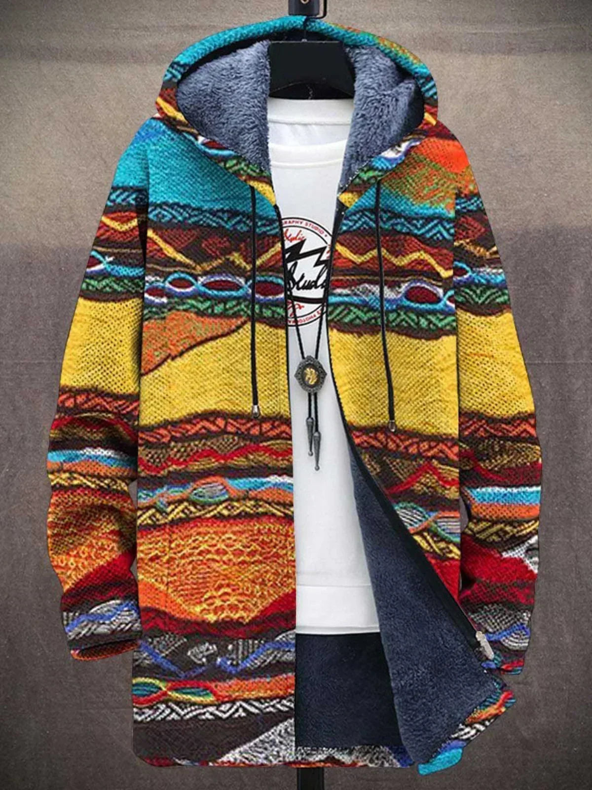 Cameron - Men's Patchwork Cardigan with Fleece-Lined Hood