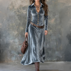 Camilla - Women's Velvet Collar Button-Front A-Line Maxi Dress