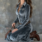 Camilla - Women's Velvet Collar Button-Front A-Line Maxi Dress