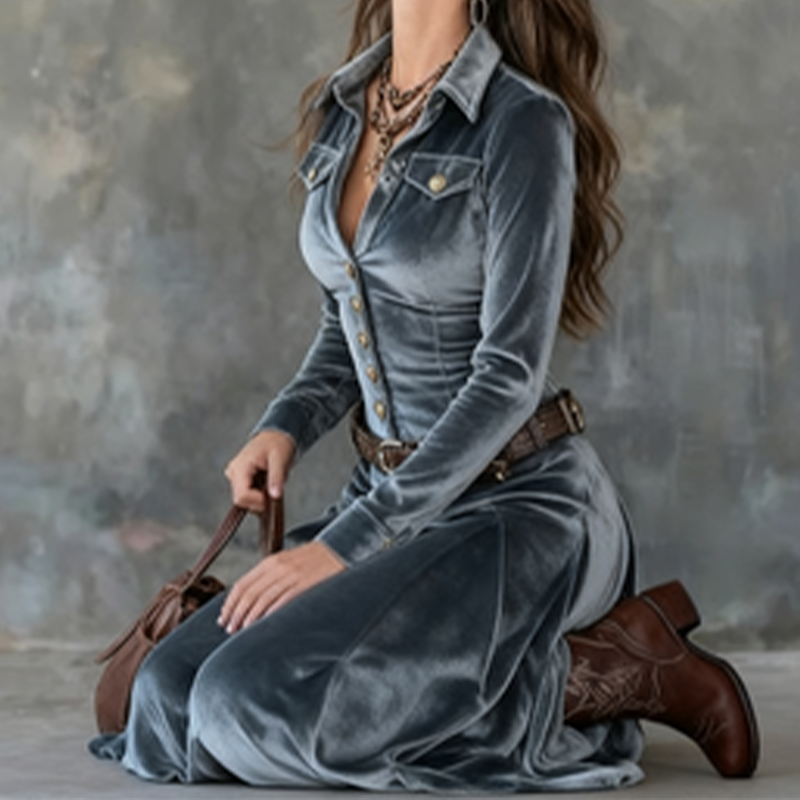 Camilla - Women's Velvet Collar Button-Front A-Line Maxi Dress