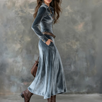 Camilla - Women's Velvet Collar Button-Front A-Line Maxi Dress