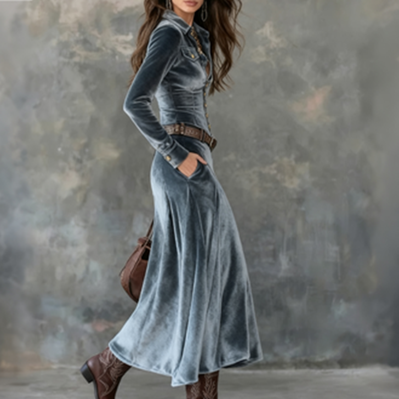 Camilla - Women's Velvet Collar Button-Front A-Line Maxi Dress