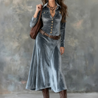 Camilla - Women's Velvet Collar Button-Front A-Line Maxi Dress