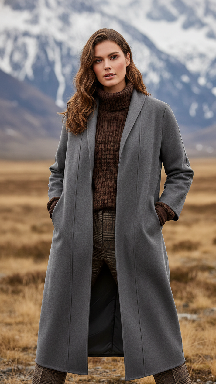 Camille - Women's High-Collar Longline Coat with Side Pockets