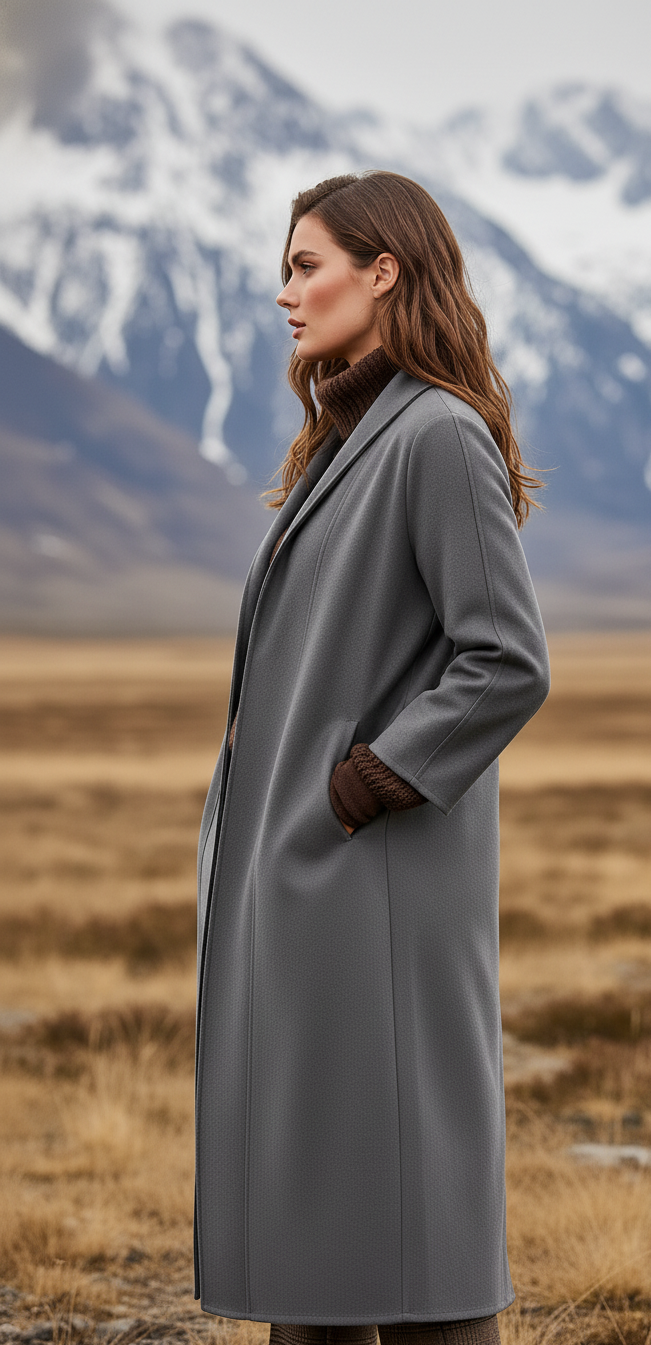 Camille - Women's High-Collar Longline Coat with Side Pockets