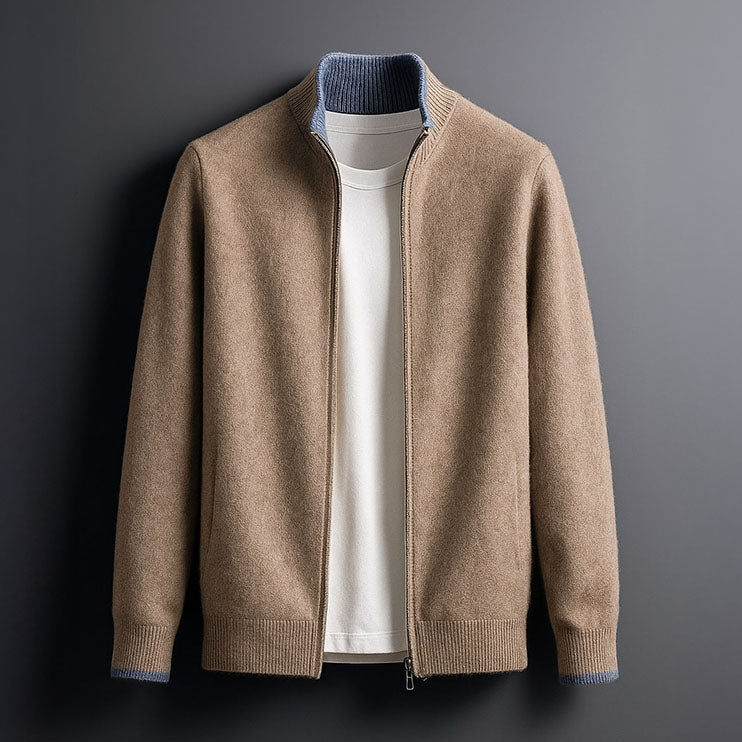 Cassian - Men's Merino Zip Jacket with Ribbed Collar