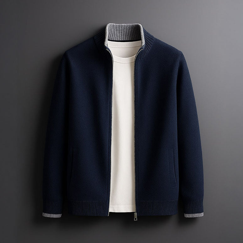 Cassian - Men's Merino Zip Jacket with Ribbed Collar