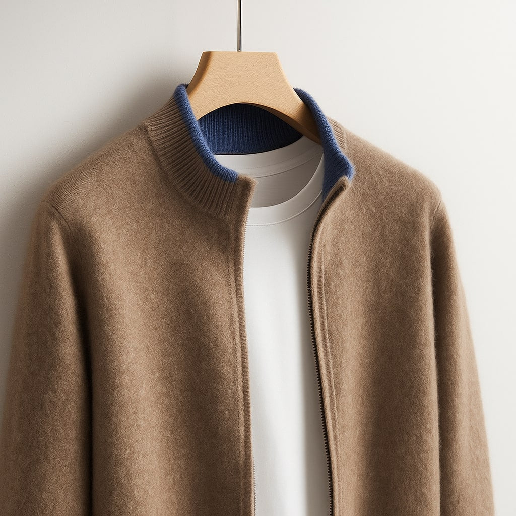 Cassian - Men's Merino Zip Jacket with Ribbed Collar
