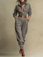 Cassidy - Women's Shirt-Collar Linen-Cotton Jumpsuit with Tapered Ankles