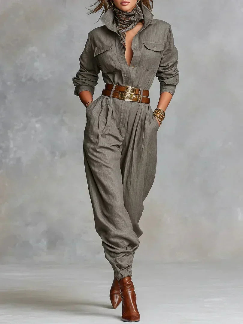 Cassidy - Women's Shirt-Collar Linen-Cotton Jumpsuit with Tapered Ankles