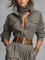Cassidy - Women's Shirt-Collar Linen-Cotton Jumpsuit with Tapered Ankles