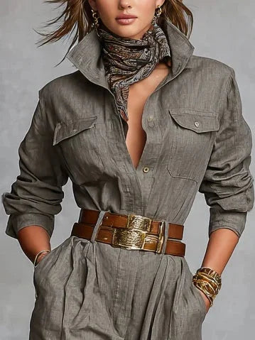 Cassidy - Women's Shirt-Collar Linen-Cotton Jumpsuit with Tapered Ankles