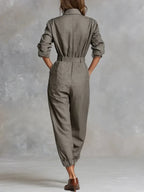 Cassidy - Women's Shirt-Collar Linen-Cotton Jumpsuit with Tapered Ankles