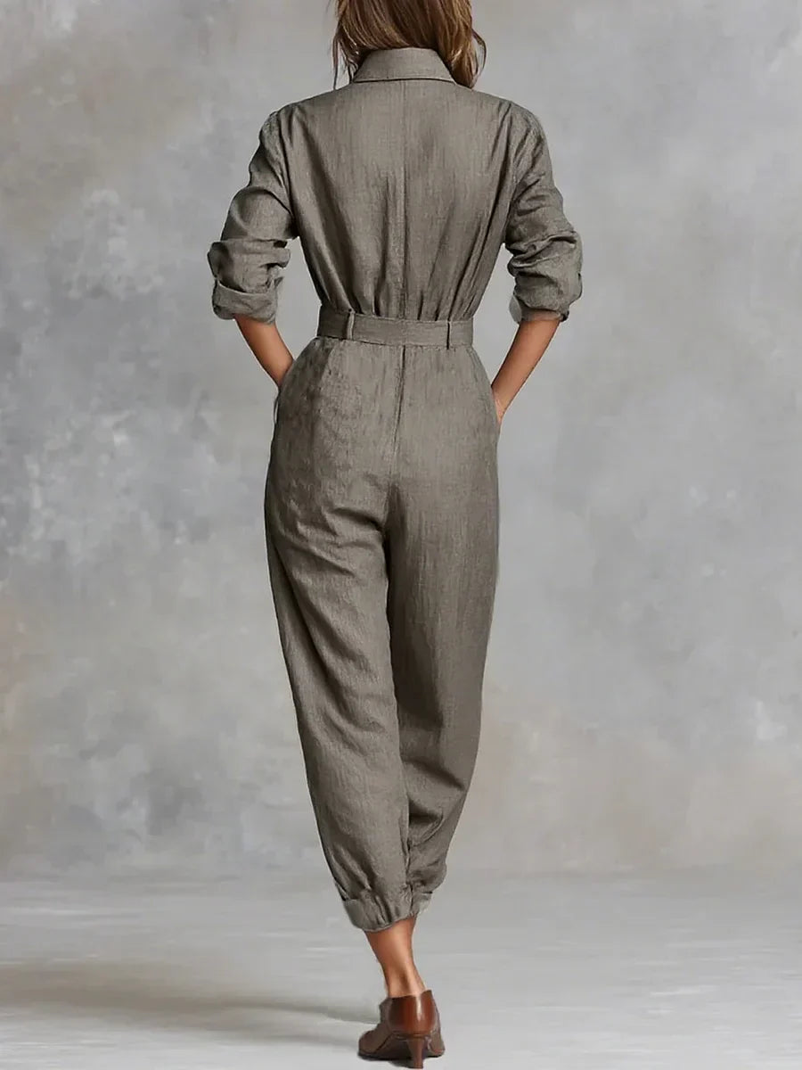 Cassidy - Women's Shirt-Collar Linen-Cotton Jumpsuit with Tapered Ankles