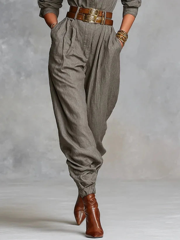 Cassidy - Women's Shirt-Collar Linen-Cotton Jumpsuit with Tapered Ankles