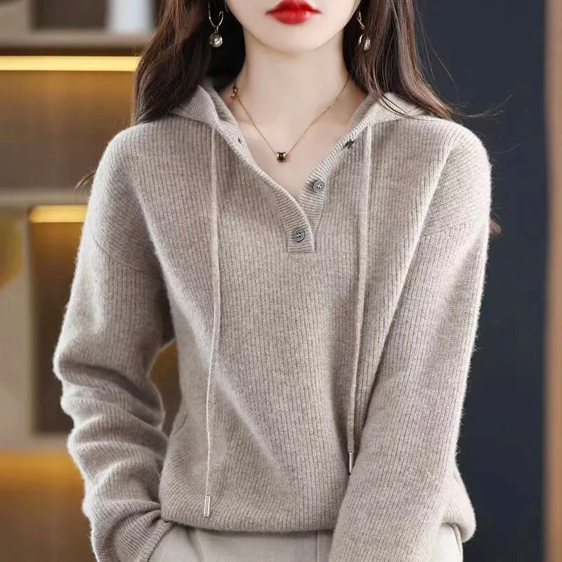 Cecilia - Women's Ribbed Hooded Button-Front Sweater