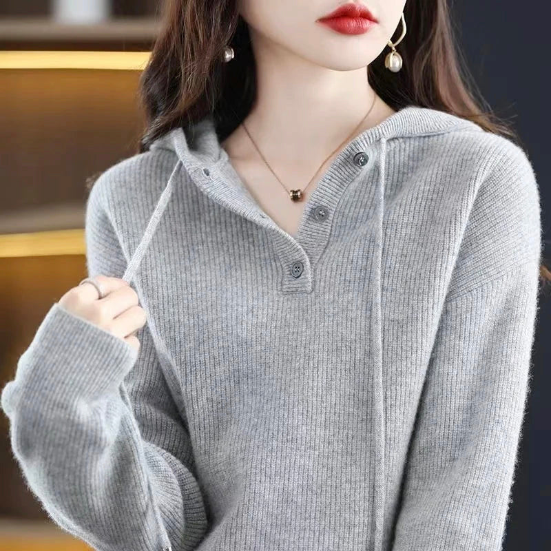 Cecilia - Women's Ribbed Hooded Button-Front Sweater