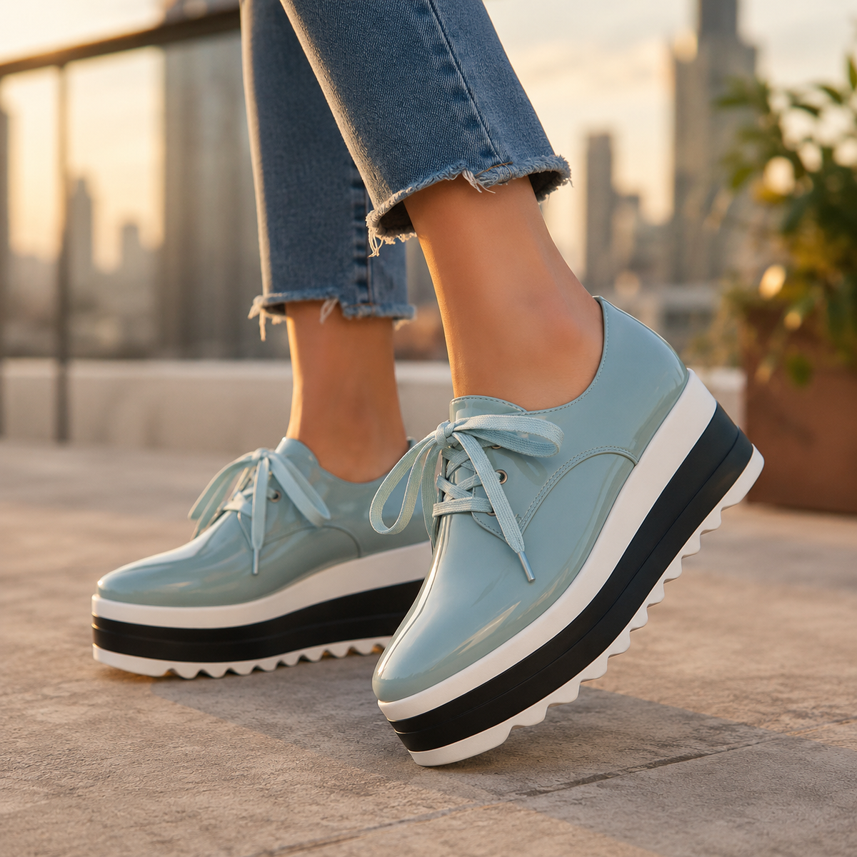 Celeste - Women's Glossy Platform Lace-Up Sneakers