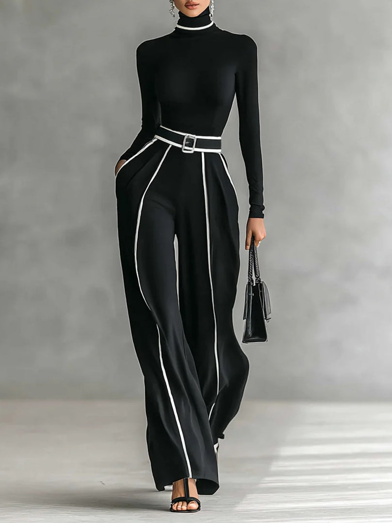 Celeste - Women's Mock-Neck Top & Wide-Leg Piped Pants Set