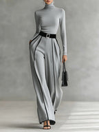 Celeste - Women's Mock-Neck Top & Wide-Leg Piped Pants Set