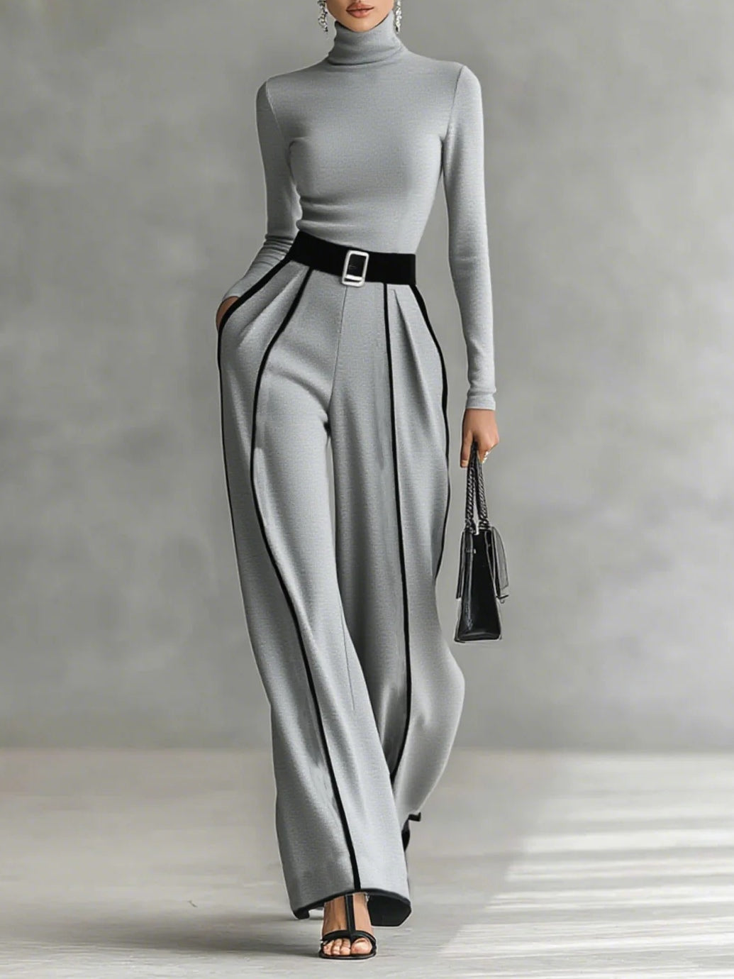 Celeste - Women's Mock-Neck Top & Wide-Leg Piped Pants Set