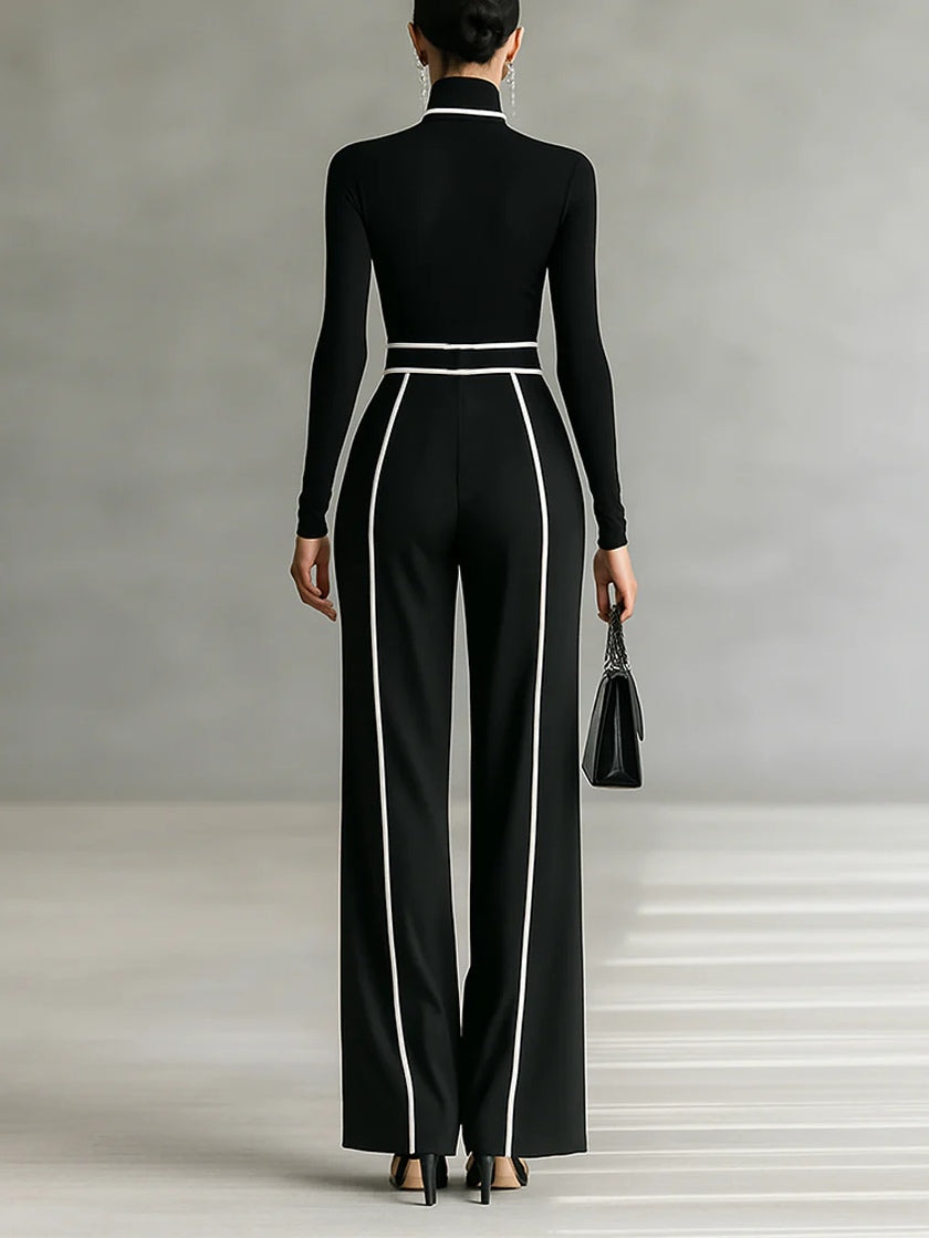 Celeste - Women's Mock-Neck Top & Wide-Leg Piped Pants Set