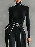 Celeste - Women's Mock-Neck Top & Wide-Leg Piped Pants Set