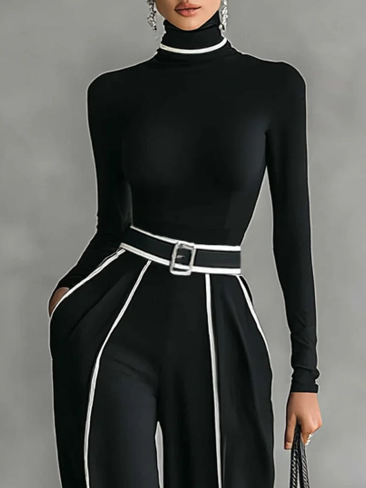 Celeste - Women's Mock-Neck Top & Wide-Leg Piped Pants Set