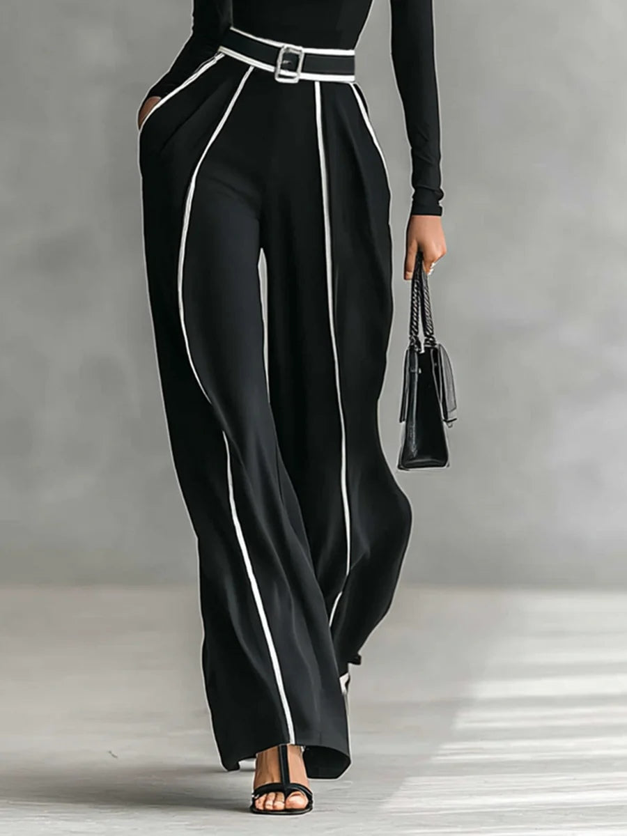Celeste - Women's Mock-Neck Top & Wide-Leg Piped Pants Set