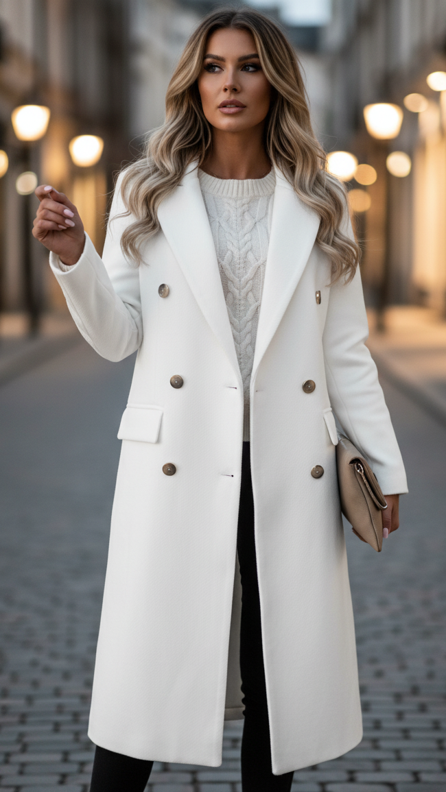Clay - Women's Double-Breasted Longline Coat with Notch Lapels